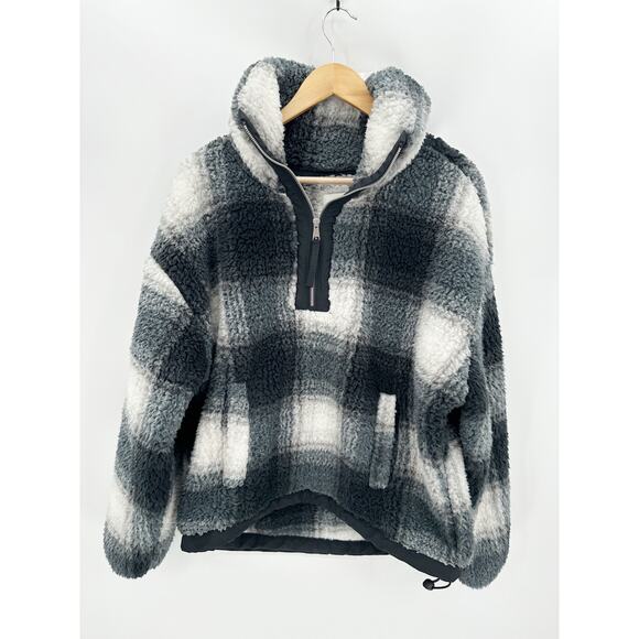 Abercrombie & Fitch Sweatshirt Women MEDIUM Black White Sherpa Quarter Zip - Picture 1 of 8